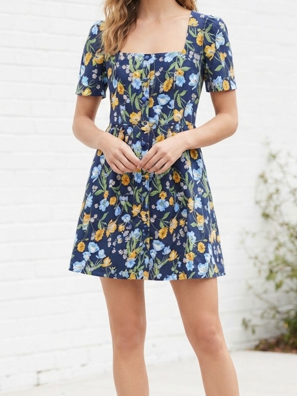 Draper James Linen Navy Floral Square-Neck Mini Dress